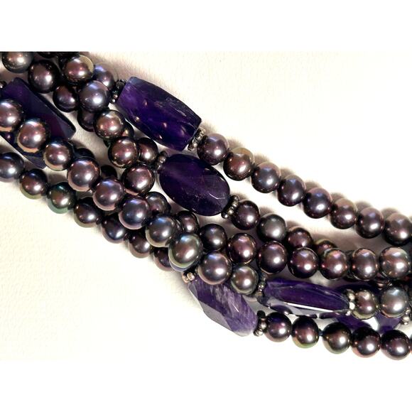 Lucas Lameth 925 Multistrand Purple Freshwater Pearl Amethyst Necklace 114 grams - Picture 2 of 10